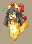 anthro black_hair blue_eyes blush cute_fangs ear_tuft female female_anthro fur grey_background hair kemono long_hair looking_at_viewer nude open_mouth open_smile simple_background smile snout solo tuft yellow_body yellow_fur bojiku canid canine fox mammal 2015