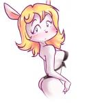 anthro black_clothing blonde_hair blush breasts clothed clothing dress female fur hair long_ears long_hair looking_at_viewer mostly_nude :o partially_clothed pink_nose purple_eyes short_dress simple_background solo standing toony white_background white_body white_fur mosca_juanin pichigani abril_hime lagomorph leporid mammal rabbit hi_res