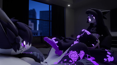 anthro apartment bed bedroom belly_mouth bottomless bottomless_male city clothed clothed_female clothing dominant dominant_female duo erection feet female foot_fetish foot_play footjob furniture genitals glistening glistening_genitalia glistening_penis hair inside knot knotted_penis long_hair looking_at_another looking_at_genitalia looking_at_own_penis looking_at_partner looking_at_penis looking_at_self lying lying_on_bed male male/female markings on_back on_bed pawpads paws penile penis purple_eyes purple_markings ridged_knotted_penis ridged_penis sex short_hair side_view sitting sitting_on_bed sound_effects submissive submissive_male velura_luna opennsfwsp_(sfx) blender_(copyright) kinktober kinktober_2025 kerian 16:9 2025 3d_(artwork) 3d_animation animated blender_(artwork) blender_cycles_(artwork) digital_media_(artwork) hi_res loop short_playtime sound video widescreen
