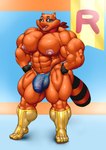 anthro balls big_muscles big_nipples clothing fingerless_gloves genitals gloves handkerchief handwear huge_muscles kerchief looking_at_viewer male muscular nipples penis solo thong translucent translucent_clothing underwear vein veiny_penis rocket_(artist) capcom resident_evil mr._raccoon_(resident_evil) mammal procyonid raccoon absurd_res hi_res