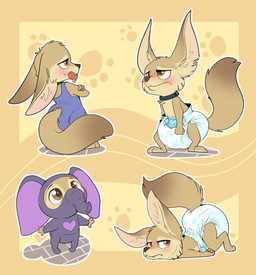 anthro big_ears biped blush brown_body brown_eyes brown_fur clean_diaper clothed clothing collar costume crossed_arms diaper diaper_under_clothing digitigrade elephant_costume embarrassed fur lying male object_in_mouth pacifier pacifier_in_mouth semi-anthro simple_background solo standing teeth wearing_diaper white_diaper bubblepuppers disney zootopia finnick_(zootopia) canid canine fennec_fox fox mammal true_fox digital_drawing_(artwork) digital_media_(artwork) hi_res