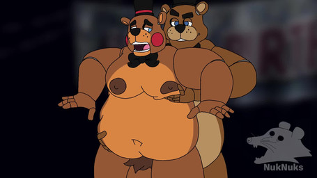anthro belly belly_squish big_belly big_moobs blue_eyes bow_tie brown_body clothing duo genitals hat headgear headwear machine male male/male moobs mostly_nude navel nipples overweight overweight_male penis slightly_chubby slightly_chubby_male squish top_hat nuknuks five_nights_at_freddy's five_nights_at_freddy's_2 scottgames freddy_(fnaf) toy_freddy_(fnaf) animatronic bear mammal robot 16:9 animated hi_res loop no_sound short_playtime video widescreen