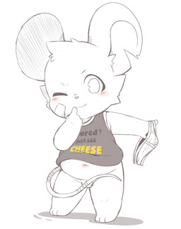 anthro balls barely_visible_genitalia barely_visible_penis blush clothing genitals male one_eye_closed penis shirt simple_background solo topwear underwear white_background wink young toruu mammal mouse murid murine rodent 2025 absurd_res hi_res