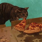 ambiguous_gender box container eating feral food fur green_background pizza pizza_box pizza_slice simple_background solo tuft whiskers catwheezie domestic_cat felid feline felis mammal 1:1 2020 absurd_res hi_res signature