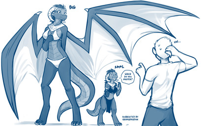 2_horns 4_toes 5_fingers alternate_species anthro anthrofied armband armlet asking asking_another back_wings barefoot big_wings biped blush blush_lines bottomwear breasts claws closed_smile clothed clothed_anthro clothed_female clothed_human clothed_male clothing collar curled_horn dialogue digitigrade dual_persona eyelashes faceless_character faceless_human faceless_male feet female female_anthro fingers front_view fully_clothed fully_clothed_anthro fully_clothed_female fully_clothed_human fully_clothed_male group hair hand_behind_back hand_behind_head horn humanoid_hands iris loincloth long_eyelashes long_hair long_tail looking_at_another male male_human medium_breasts membrane_(anatomy) membranous_wings midriff mouth_closed multicolored_body multicolored_scales non-mammal_breasts non-mammal_hair o-ring o-ring_bikini open_mouth open_smile pelvic_curtain pupils question rear_view scales shirt short short_anthro short_female short_hair short_sleeves simple_background smile smiling_at_another snout speech_bubble square_crossover standing tail talking_to_another tall tall_anthro tall_female text toe_claws toes tongue topwear trio two_tone_body two_tone_scales wing_claws wings conditional_dnp tom_fischbach mythology twokinds keiren_(twokinds) madam_reni_(twokinds) dragon human kobold mammal mythological_creature mythological_scalie scalie winged_dragon 2026 blue_and_white digital_drawing_(artwork) digital_media_(artwork) english_description english_text hi_res monochrome sketch