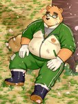 anthro barazoku belly big_belly blush bottomwear brown_body clothing detailed_background eyewear glasses humanoid_hands kemono male overweight overweight_male pants plant shirt sitting solo topwear tree yaki_atsuage lifewonders tokyo_afterschool_summoners volos_(tas) bear mammal 2025 absurd_res hi_res