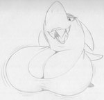 anthro big_breasts breasts clothing eyeshadow female fin half-closed_eyes huge_breasts hyper hyper_breasts lipstick looking_down makeup narrowed_eyes non-mammal_breasts open_mouth semi-anthro sharp_teeth teeth topwear sbshouseofpancakes hanna-barbera jabberjaw jellystone_(hbo_max) jabberjaw_(character) fish marine shark monochrome traditional_media_(artwork)