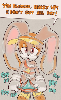 anthro areola areola_slip black_nose clothed clothing countershading ears_back ears_down eyelashes female first_person_view flashing flashing_pussy footwear fur genitals gloves handwear loli long_ears loose_shirt narrowed_eyes nipple_slip nipples panties pink_areola pink_nipples pivoted_ears shirt shoes speech_bubble talking_to_viewer tan_body tan_fur text topwear underwear vulva white_body white_clothing white_countershading white_fur white_gloves white_handwear young young_anthro young_female dogma sega sonic_the_hedgehog_(series) cream_the_rabbit lagomorph leporid mammal rabbit absurd_res english_text hi_res