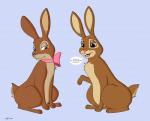 big_ears blush bow_(feature) duo female feral mascot simple_background speech_bubble text skateryena cadbury watership_down buttercup_(watership_down) cadbury_bunny lagomorph leporid mammal rabbit crossover english_text hi_res