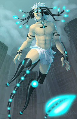 abs amputee bottomwear clothed clothing cloud cybernetics disability flying front_view glowing hair horn loincloth machine male outside post-apocalyptic prosthetic prosthetic_leg prosthetic_limb prosthetic_tail short_hair sky solo topless white_hair gusana animal_humanoid bovid caprine cyborg humanoid mammal satyr 2014 full-length_portrait portrait