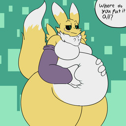 anthro armwear belly big_belly breasts clothing dialogue female lifting_belly sloshing_belly solo thick_thighs the_hookaloof bandai_namco digimon poly_(hookaloof) digimon_(species) renamon animated