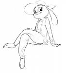 anthro biped clothed clothing crossed_legs female hat headgear headwear looking_at_viewer simple_background sitting smile solo alec8ter conditional_dnp disney zootopia judy_hopps lagomorph leporid mammal rabbit black_and_white monochrome signature