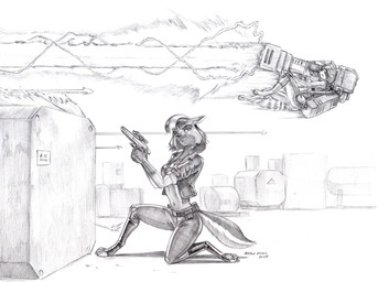 anthro breasts clothed clothed_anthro clothing duo female fur gloves_(marking) gun hair handgun male markings midriff navel pistol ranged_weapon ring_(marking) ringed_tail striped_markings striped_tail stripes tail tail_markings weapon baron_engel guardians_of_the_galaxy marvel remi_(jurrel) rocket_raccoon canid canine fox mammal procyonid raccoon 2025 hi_res story story_in_description
