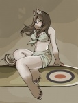 aircraft airplane anthro blush breasts brown_hair clothed clothing equid equine female green_eyes hair heart_symbol hooves horse lucah mammal midriff pinup pose solo target vehicle