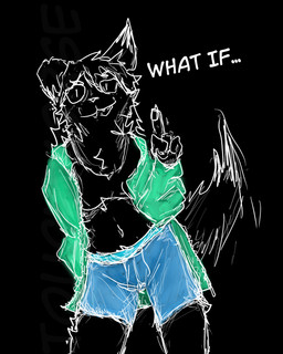anthro arm_tuft belly black_arms black_body black_ears black_eyes black_fur black_hair black_legs black_nose black_paws blue_bottomwear blue_clothing blue_pants bottomwear clothing dipstick_ears ear_markings facial_tuft female fur gesture green_clothing green_shirt green_topwear hair hand_gesture long_hair markings multicolored_ears pants pointing pointing_up shirt solo sportswear standing tail topwear tuft underwear touchworse voida canid canine canis mammal wolf digital_drawing_(artwork) digital_media_(artwork) hi_res sketch