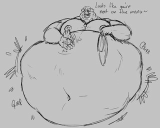 after_vore anthro beard belly big_belly bodily_fluids dialogue drooling facial_hair huge_belly hyper hyper_belly imminent_vore male male_pred muscular muscular_male navel nipples oral_vore pecs rumbling_stomach saliva same_size_vore text threatening_vore vore chonkycol domestic_pig mammal suid suine sus_(pig) digital_media_(artwork) english_text monochrome