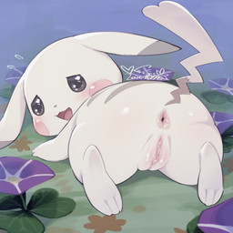 anus black_eyes blush bodily_fluids body_blush butt butt_focus cleft_tail clitoral_hood ears_down feet female feral flower fur genitals glistening humanoid_genitalia humanoid_vulva looking_at_viewer lying narrowed_eyes nude on_front open_mouth outside paws pivoted_ears plant presenting raised_tail rear_view smile soles solo sweat sweatdrop tail toes tongue vulva vulva_blush white_body white_fur white_skin cotora nintendo pokemon pokemon_pokopia peakychu generation_1_pokemon mammal pikachu pokemon_(species) rodent 1:1 2025 absurd_res digital_media_(artwork) hi_res signature