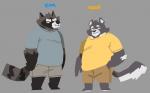 anthro bottomwear clothing duo male overweight overweight_male shirt shorts simple_background topwear cyanroll kuon_(cyanroll) binturong canid canine mammal raccoon_dog tanuki viverrid 2019