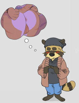 anthro anus balls black_ears black_hair black_hand blush bodily_fluids butt eyebrows eyes_always_closed eyes_closed fingertips_touching fur genitals hair male male_anthro presenting presenting_hindquarters striped_body striped_fur stripes stubble sweat sweatdrop tail tan_body tan_fur thought_bubble white_body white_fur wrist_restraints p_rindustries chuck_(p_rindustries) p_rindustries_(p_rindustries) canid canine domestic_cat felid feline felis mammal raccoon_dog tanuki 2025 hi_res