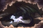 black_body cave claws duo feral horn lying on_front raised_wings short_tail size_difference smile tail white_body wings kira_larsson european_mythology mythology dragon mythological_creature mythological_scalie scalie unknown_species western_dragon wyvern