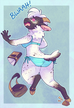 anthro backpack big_butt bodily_fluids book bottomwear bra breasts brown_body brown_fur brown_markings butt clothed clothing cloven_hooves dizzy dizzy_eyes ear_piercing ear_ring ear_tuft embarrassed eyelashes female fingernails fingers fluffy fluffy_tail freckles fur hair hooves horn looking_back markings nails neck_tuft open_mouth panties panty_shot pattern_bottomwear pattern_bra pattern_clothing pattern_panties pattern_topwear pattern_underwear piercing pink_eyes rear_view ring_piercing side-tie_panties simple_background solo spiral spiral_pupils spots striped_bottomwear striped_bra striped_clothing striped_panties striped_topwear striped_underwear stripes sweat tail tears text thick_thighs tongue topwear tripping tuft underwear white_body white_fur white_hair wide_hips wool_(fur) thehiggles bovid caprine mammal sheep shetland_sheep digital_media_(artwork) english_text hi_res