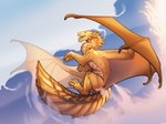 ambiguous_gender blue_sky cloud eyes_closed feral membrane_(anatomy) membranous_wings open_mouth open_smile orange_body orange_scales orange_wings scales side_view sky smile solo tan_body tan_scales tan_wings text wings kardinaluz mythology dragon mythological_creature mythological_scalie scalie artist_name