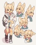 annoyed anthro backpack big_ears blonde_hair blush clothed clothing dress_shirt eyes_closed female footwear fur hair happy jacket kemono multiple_angles open_mouth ponytail shirt shoes simple_background smile sneakers solo standing sweater topwear unimpressed white_background yellow_body yellow_fur yagi_the_goat canid canine fennec_fox fox mammal true_fox 4:5 hi_res