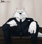 anthro bulge clothing dressed_up furniture grumpy looking_at_viewer male on_sofa sitting sitting_on_sofa sofa solo suit diam_snow illumination_entertainment sing_(movie) jimmy_crystal canid canine canis mammal wolf hi_res