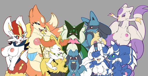 anthro areola balls big_breasts blue_body blue_fur blue_hair blush blush_lines breast_size_difference breasts claws covering covering_crotch eyelashes eyes_closed fangs female fur genitals glans green_body green_eyes green_fur grey_eyes group hair harem humanoid_genitalia humanoid_penis inner_ear_fluff innie_vulva larger_anthro larger_female male medium_breasts narrowed_eyes navel nipples open_mouth orange_body orange_fur overweight overweight_female penis pink_areola pink_eyes pink_glans pink_nipples red_eyes red_hair simple_background size_difference slightly_chubby slightly_chubby_female slim small_breasts small_waist smaller_anthro teeth tuft vulva whiskers white_body white_fur white_hair yellow_body yellow_fur young tod_d nintendo pokemon braixen canid canine cinderace felid feline floatzel generation_4_pokemon generation_5_pokemon generation_6_pokemon generation_8_pokemon generation_9_pokemon lagomorph lucario mammal meowscarada meowstic mienshao pokemon_(species) riolu 2023 hi_res