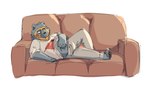 anthro belly biped black_body black_nose bottomwear clothing furniture lying male pants shirt slightly_chubby sofa solo topwear lentejota6 bear mammal short-faced_bear spectacled_bear 2022 absurd_res hi_res