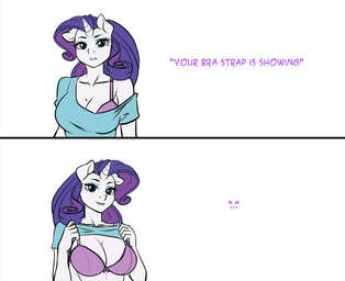 anthro blue_eyes blue_eyeshadow bra bra_strap clothed clothing clothing_lift eyelashes eyeshadow female hair horn makeup offscreen_character purple_bra purple_clothing purple_hair purple_underwear shirt shirt_lift simple_background solo text topwear underwear white_background white_body pia-sama bra_strap_showing_(meme) friendship_is_magic hasbro my_little_pony mythology rarity_(mlp) equid equine mammal mythological_creature mythological_equine unicorn comic english_text hi_res meme