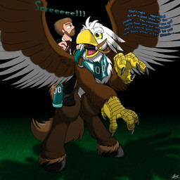 accidental_transformation after_transformation american_football armor beak beard bridle clothing duo facial_hair feathered_wings feathers feet feral field food football_player grass hooves horse_tail human_to_feral male mount on_hind_legs outside plant reins riding saddle scales species_transformation sport talons text toes transformation uniform wings catmonkshiro european_mythology greek_mythology mythology nfl philadelphia_eagles pheagle swoop_(philadelphia_eagles) accipitrid accipitriform avian bald_eagle bird eagle equid hippogriff mammal mythological_avian mythological_creature sea_eagle 1:1 2013 english_text hi_res