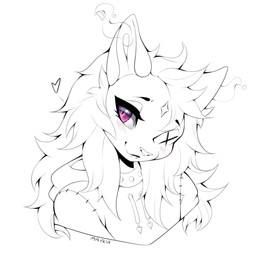 anthro blush clothed clothing collar eyebrows eyelashes female hair heart_symbol looking_at_viewer simple_background solo studded_collar studs teeth text white_background x_eye mayrin_(artist) mammal 2023 absurd_res artist_name digital_media_(artwork) hi_res sketch spot_color