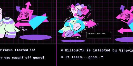 abstract_background blush blush_stickers clone clone_transformation duo emanata feral gameplay_mechanics geometric_background grid_background hypnosis jagged_mouth lgbt_pride mind_control motion_lines multicolored_neckwear multicolored_scarf neckwear onomatopoeia pattern_background pride_color_neckwear pride_color_scarf pride_colors ringed_eyes scarf simple_background sound_effects species_transformation speech_bubble spiral spiral_eyes surprised swirl_emanata text text_box transformation transformation_sequence transgender_pride_colors twinning dizzydreadful deltarune nintendo pokemon undertale_(series) willow_(willowpoke) computer_virus_(species) digital_creature generation_3_pokemon numel pokemon_(species) virovirokun absurd_res english_text hi_res lineless long_image multiple_scenes sequence wide_image nonbinary_(lore) trans_(lore)