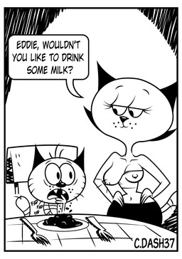 3_fingers abstract_background age_difference anthro anthro_on_anthro areola arms_bent asking_another big_breasts big_eyes big_head biped border bottomwear breasts chair closed_smile clothed clothing clothing_aside collarbone covering covering_mouth cutlery dialogue duo emanata eyebrows eyelashes fangs fap_(sound_effect) female fingers food fork freckles furniture hands_on_hips hands_on_own_hips implied_incest kitchen_table kitchen_utensils long_eyelashes looking_at_another looking_at_another's_breasts looking_at_breasts looking_down male male/female masturbation mature_anthro mature_female mouth_closed navel nipple_outline nipples no_irises obscured_masturbation older_female on_chair one_breast_out parody partially_clothed partially_clothed_anthro partially_clothed_female plate puffy_areola puffy_nipples pupils question round_head shirt shota sitting sitting_on_chair skirt small_waist smile speech_bubble spread_mouth standing style_emulation surprised t-shirt table tail teeth text thin_eyebrows tools topwear topwear_aside tube_top tube_top_aside whiskers white_border wide_hips young younger_male c.dash37 the_complex_adventures_of_eddie_puss eddie_puss mother_puss domestic_cat felid feline felis mammal 2022 artist_name black_and_white digital_drawing_(artwork) digital_media_(artwork) english_text monochrome mother_(lore) mother_and_child_(lore) mother_and_son_(lore) parent_(lore) parent_and_child_(lore) parent_and_son_(lore) son_(lore)
