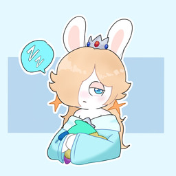 anthro arms_bent bare_shoulders blonde_hair blue_background blue_clothing blue_dress blue_eyes blush clothed clothed_anthro clothed_female clothing crown dress ear_piercing female female_anthro fur gem hair hair_over_eye half-closed_eyes headgear holding_object holding_plushie light long_ears long_hair mitten_hands mouth_closed narrowed_eyes noseless piercing plushie rectangle ruby_(gem) sapphire_(gem) shoulder_blush simple_background sleeping solo sound_effects speech_bubble star_ear_piercing tan_eyelids tan_inner_ear tired vowelless vowelless_sound_effect white_body white_fur zzz peypey_mei1925 mario_bros mario_plus_rabbids_sparks_of_hope nintendo raving_rabbids rayman_(series) ubisoft rabbid_rosalina lagomorph mammal rabbid 1:1 2024 colored crossover digital_drawing_(artwork) digital_media_(artwork) english_description half-length_portrait hi_res lighting portrait shaded