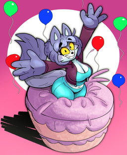 4_fingers anthro balloon big_breasts birthday birthday_cake black_eyebrows blue_balloon blue_body blue_ears blue_fur blue_hair blue_tail bottomwear breasts cake cheek_tuft clothed clothed_anthro clothed_female clothing dessert eyebrows facial_tuft female female_anthro fingers food front_view fur green_balloon hair inflatable looking_at_viewer midriff multicolored_body multicolored_fur navel pop_out_cake red_balloon smile smiling_at_viewer solo tail teal_bottomwear teal_clothing teal_topwear topwear tuft yellow_sclera cloudidoodles roxanne_oxley canid canine fox mammal 2023 absurd_res english_description hi_res portrait three-quarter_portrait