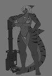 abs anthro big_breasts black_body breasts camo camo_clothing camo_print camo_underwear chin_piercing clothing dog_tags dozer_(9live) eye_scar facial_scar fangs female grey_hair hair hair_over_eye huge_breasts larger_female m134 messy_hair muscular muscular_anthro muscular_female pattern_clothing pattern_underwear red_eyes scar shark_fin shark_tail shark_teeth size_difference solo teeth tiger_pattern underwear 9live fish mackerel_shark marine megalodon prehistoric_species shark hi_res
