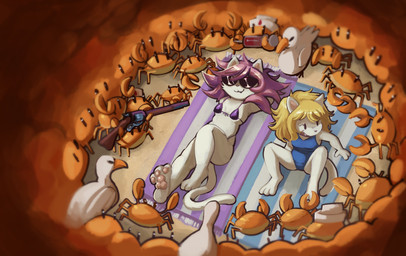anthro beach beach_blanket bikini bikini_bottom bikini_top blonde_hair bodily_fluids breasts clothed clothing duo eyewear female fur glasses gun hair headgear headwear lying on_back one-piece_swimsuit open_mouth outside pawpads paws pink_hair ranged_weapon sand smile sunglasses surprised sweat swimwear tail two-piece_swimsuit weapon white_body white_fur worried scrambledeve catlike_magic marni_(catlike_magic) perri_(catlike_magic) arthropod avian bird crab crustacean decapod domestic_cat felid feline felis gull lari larid malacostracan mammal hi_res