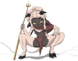 animal_ears anthro bone_in_nose bone_piercing bottomwear breasts camel_toe clothed clothing cloven_hooves crouching dark_body dark_skin facial_scar female fur glowing glowing_eyes green_eyes hair hand_on_knee hand_on_leg hooves horn horn_jewelry jewelry kemono loincloth loli looking_at_viewer melee_weapon nipples polearm puffy_hair red_clothing scar shoulder_cape simple_background skimpy small_breasts small_snout snaggle_teeth snaggle_tooth solo spade_tail spread_legs spreading tail tied_hair topless topless_anthro topless_female tribal trident weapon white_background white_body white_fur white_wool wool_(fur) young young_anthro the_fiend zheeka_(fiend) bovid caprine caprine_demon demon mammal satyr sheep hi_res