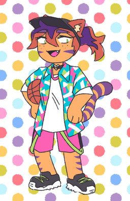 anthro ball basketball_(ball) bottomwear brown_hair choker clothed clothing ears_up fangs female footwear freckles fur green_eyes hair highlights_(coloring) holding_object inner_ear_fluff jewelry muscular muscular_anthro muscular_female necklace noseless open_mouth open_smile orange_body orange_fur pattern_background pattern_clothing pink_bottomwear pink_clothing pink_shorts pink_tongue purple_highlights purple_stripes raised_tail shirt shoes shorts simple_background smile sneakers solo stripes tail teeth tongue topwear tuft white_clothing white_shirt white_topwear 90percentdenny 90_percent_studios purrfect_apawcalypse tigger_sugden domestic_cat felid feline felis mammal toyger 2020 hi_res official_art