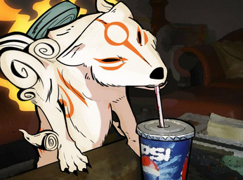 beverage container cup drinking drinking_straw female female_feral feral furniture paws_on_table solo table white_body 4chan_anon unknown_artist capcom okami_(capcom) pepsi pepsi_dog amaterasu_(okami) canid canine canis mammal wolf 2025 meme