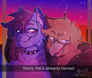 anthro arm_around_shoulders blurred_background blush blush_lines clothed clothed_anthro clothing collar duo ear_piercing eyebrows eyewear gesture gradient_background hoodie looking_at_viewer male male/male neck_tuft ownership piercing raised_eyebrow simple_background smile smirk smirking_at_partner smug smug_face smug_grin spiked_collar spikes text topwear tuft mrworkcatt european_mythology greek_mythology mythology snapchat ace_booper phoenix_wrath avian canid canine canis felid feline hybrid mammal mythological_avian mythological_bird mythological_creature mythological_firebird phoenix wolf english_text signature