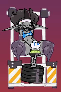 accessory balls black_hair black_sclera blush bodily_fluids bottomwear bra bulge butt chain clothed clothing exercise genitals grey_body hair horn humanoid_pointy_ears jockstrap male muscular muscular_legs muscular_male muscular_thighs pointy_ears shirt simple_background solo sports_bra spread_legs spreading sweat teeth thick_thighs topwear underwear weightlifting weights wide_hips workout limetentacle lime_(limetentacle) 2d_animation animated