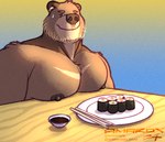 anthro awkward_smile beard big_pecs chopsticks dinner_table ear_piercing ear_ring facial_hair food looking_at_viewer male muscular nipples pecs pecs_on_table piercing ring_piercing solo sushi amarox chest_on_dining_table_(meme) ewan_(amarox) bear brown_bear grizzly_bear mammal ursine digital_drawing_(artwork) digital_media_(artwork) hi_res