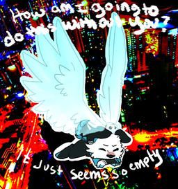 ambiguous_gender black_body black_ears black_fur black_tail blue_body blue_ears blue_fur blue_tail bodily_fluids crying eyes_closed feral fur huge_wings solo tail tears text toony two_tone_tail white_body white_ears white_fur tuxiiedos mutt_(tuxiiedos) canid canine canis domestic_dog ghost mammal spirit 2013 english_text