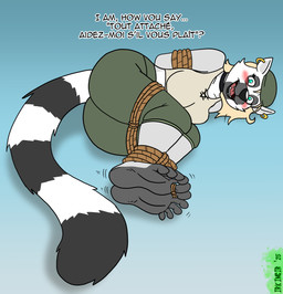5_toes ankles_tied anthro barefoot bdsm blonde_hair blue_eyes blush bondage bottomwear bound clothing countershade_feet countershade_fur countershade_tail countershading ear_piercing ear_ring feet female foot_focus fur green_bottomwear green_clothing green_kerchief green_pants hair hands_behind_back humanoid_feet kerchief pants piercing plantigrade restraints ring_piercing rope rope_bondage solo tail text toe_restraints toes irkingir le'amour_(irkingir) lemur mammal primate ring-tailed_lemur strepsirrhine french_text hi_res