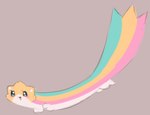 ambiguous_gender brown_background chibi critter feral fur multicolored_body multicolored_fur open_mouth open_smile rainbow simple_background smile solo sparklefur white_body white_fur yellow_body yellow_fur conditional_dnp labbit_(artist) mammal unknown_species pastel_theme