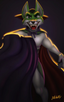 anthro black_nose blood blood_on_teeth bodily_fluids cape clothed clothing fangs fur green_body green_eyes green_fur hair looking_at_viewer male open_mouth simple_background smile solo teeth tongue white_body white_fur blakefox fidget_the_fox canid canine fox mammal vampire absurd_res digital_media_(artwork) hi_res signature