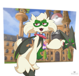 ambiguous_gender anthro claws cute_fangs fangs finger_claws flower_(anatomy) fur green_body green_ears green_fur green_tail jagged_mouth mask open_mouth pawpads paws pink_eyes pink_nose solo tail teeth razgrizdl nintendo pokemon rose_(razgrizdl) generation_9_pokemon meowscarada pokemon_(species) 2026 hi_res